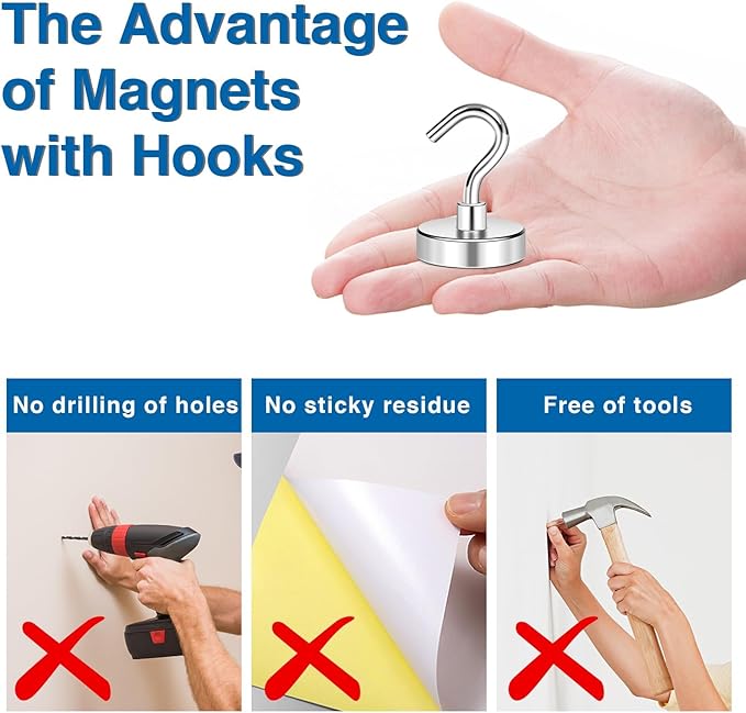 LOVIMAG Magnetic Hooks for Cruise Cabins, 130lbs Magnetic Hooks for Classroom Must Haves, Strong Magnets with Hooks for Ceiling Hanging, Neodymium Magnet Hooks for Fridge, Grill, Locker -12 Pcs