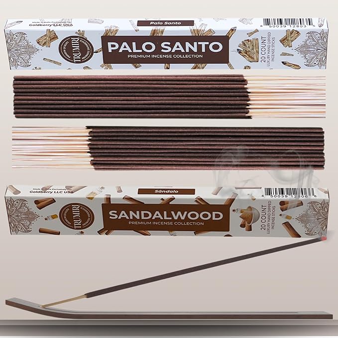 Trumiri Incense Sticks - Combo Pack of 40 Insence-Sticks - 20 Palo Santo + 20 Sandalwood - Insenses - Insents - Incents - Inscense - Incence - Incienso - All Natural Incense Sticks