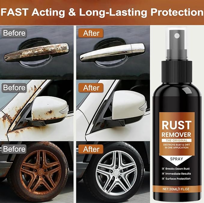 Upgrade Rust Remover Spray for Metal, with Cleaning Cloth and Sponge, Multi-Surface Heavy Duty Metal Cleaner for Vehicles, Tools, Chains, Iron Out Rust Stain Remover，With Cleaning Cloth and Sponge