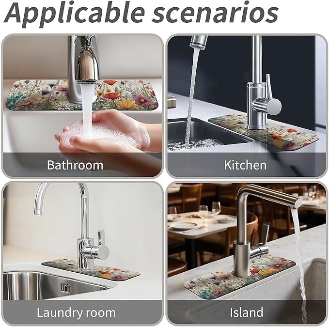 Kitchen Sink Splash Guard，wildflowers-in the meadow Faucet Mat Sink Gadgets-Super Absorbent Fast Drying Mat Drip Catcher for Kitchen, Bathroom,Sink Mat, Dish Drying Mat, Bathroom(15" X 5.5" )