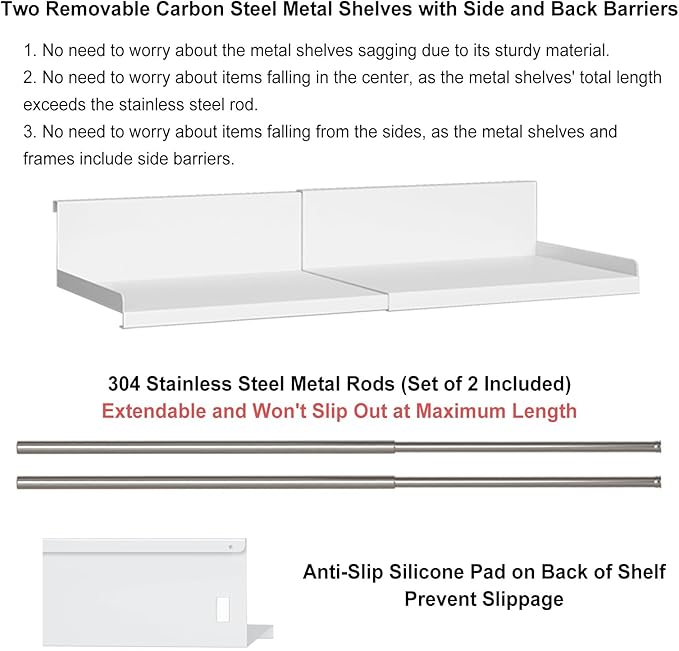SHINEWON Expandable Under Cabinet Shelf Organizer with 0.94-Inch Thick Clips, Heavy Duty Extendable Under Shelf Storage Basket for Pantry or Laundry Room, White, 1 Pack, Interior: 4.13" H x 7.2" D