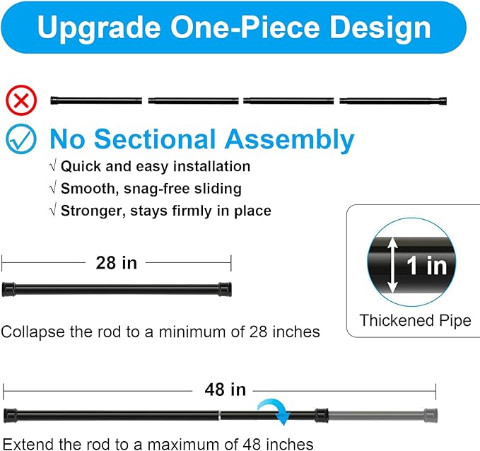 2 Pack No Sectional Assembly Shower Curtain Rod 28-48 Inch, 1" Diameter Spring Long Adjustable Tension Curtain Rods for Bathroom Windows Closet No Drilling No Rust, Black