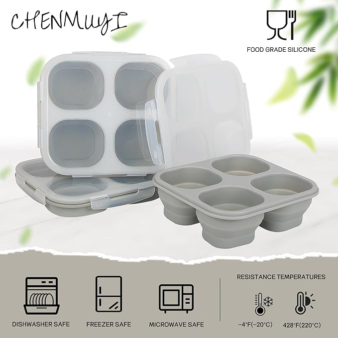 Collapsible Silicone Food Storage Container, 2PCS 4-Compartment Snack Containers Portion Control with Clip-on Lid, Stackable, Space Saving, Microwave/Fridge/Freezer/Dishwasher Safe (2)