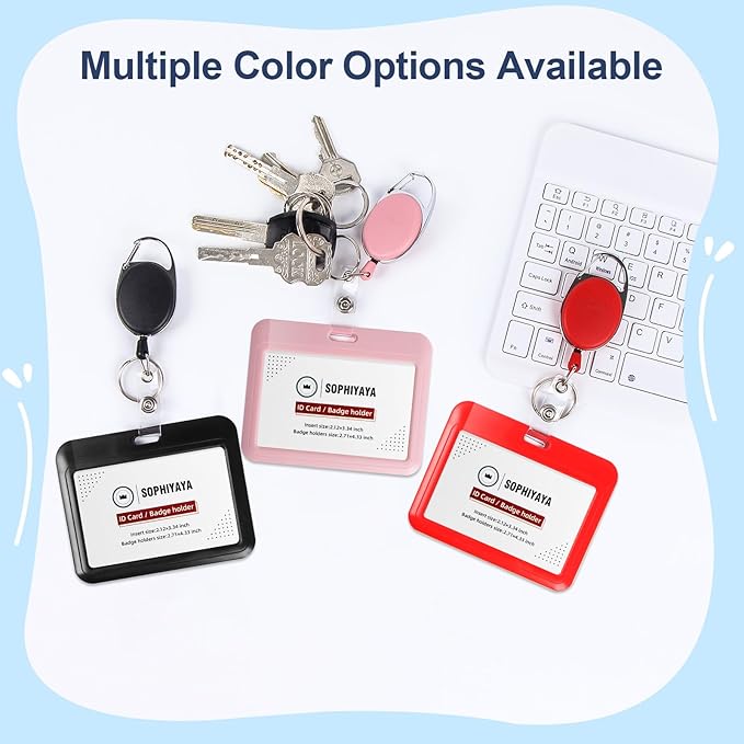 ID Badge Holder with Clip Badge Reels Retractable Heavy Duty Id Card with Carabiner Badge Reel with 24 inches Pull Cord for Office, School, Factory, Teacher (Red, Horizontal)
