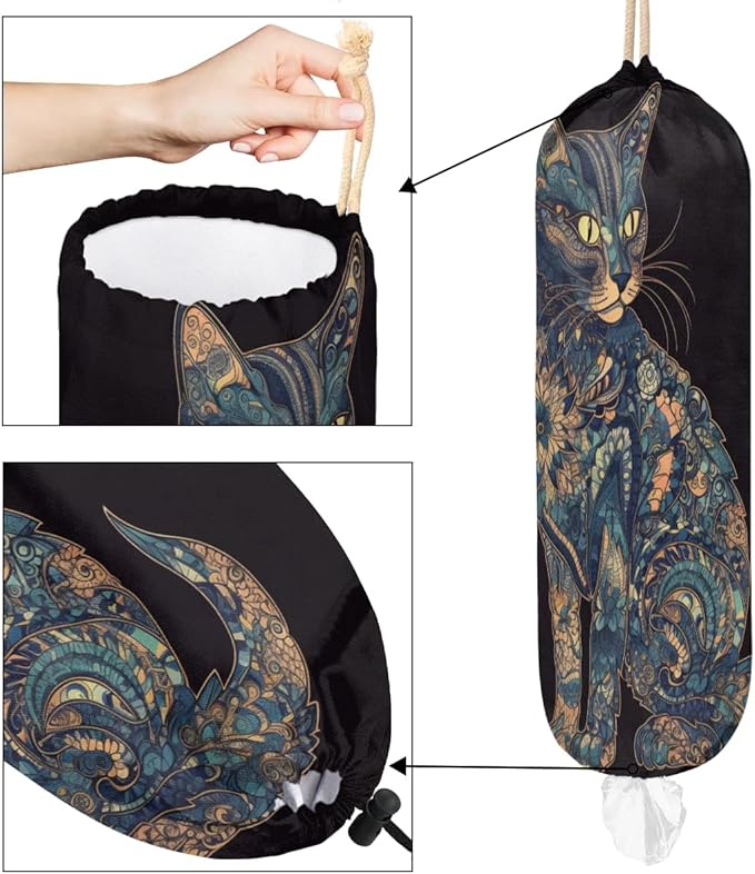 Sabokido Cat Pattern Plastic Bag Holder Washable Grocery Bag Storage Dispenser Reusable Hanging Shopping Bags Carrier Wall Mount Plastic Bag Organizer for Home Kitchen Decor