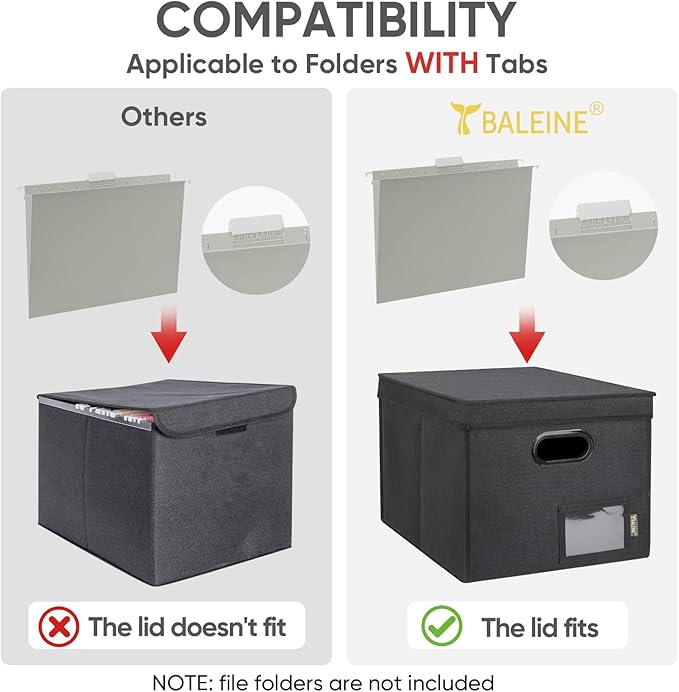 BALEINE File Organizer Box with Lid, Collapsible File Folder Organizer with Plastic Slide, Hanging File Folder Box for Office Document Storage (Tab Friendly, 2 Pack, Black)