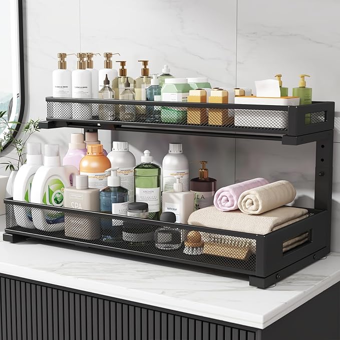 Biboraya 1 Pack 20.47IN Depth Under Sink Storage Organizer, Large 2-Tier Elegant Mesh Pull Out Shelf for Kitchen and Bathroom Cabinet Organization, L-Shaped and Adjustable Height Design-Black
