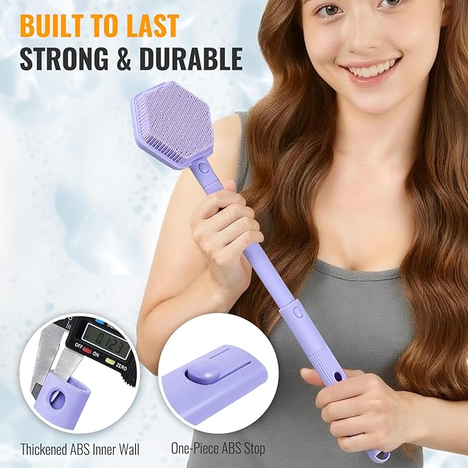 Silicone Back Scrubber for Shower – 21in Extendable Shower Brush with Long Handle – Dual-Sided Back Brush with Non-Slip Grip, Gentle Cleansing & Exfoliation for Men, Women, Elderly (Purple)