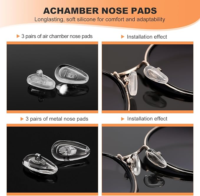 Eyeglass Nose Pads, 6 Pairs Screw-in Glasses Repair Kit with Screwdriver and Small Screws, Thick Silicone Nose Pads with Air Chamber