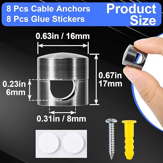 8 Sets Charger Holders for Cords, Black Adjustable Cable Anchor Holders, Adhesive Metal Cord Clips, Cable Management Wire Organizers for Desk, Office, Nightstand