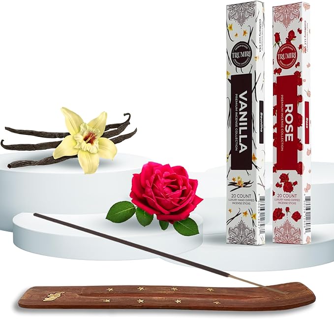 Trumiri Incense Sticks - Combo Pack of 40 Insence-Sticks - 20 Vanilla + 20 Rose - Insenses - Insents - Incents - Inscense - Incence - Incienso - All Natural Incense Sticks
