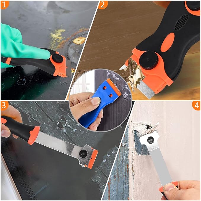 Razor Blade Scraper Tool, 3 Pack with 50 Plastic & 30 Metal Razor Blades, Cleaning Scraper for Removing Label, Registration Sticker, Tint, Grease from Windshield, Appliance, Glass