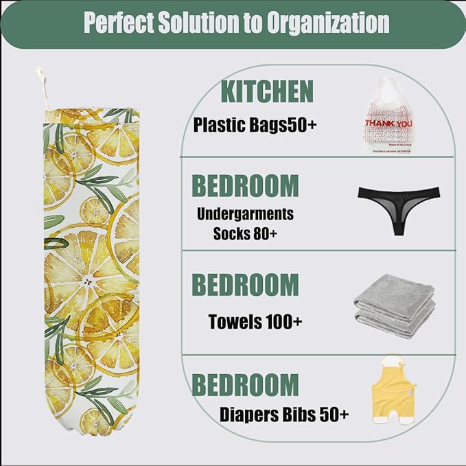 2 Pcs Lemon Plastic Bag Holder, Wall Mount Grocery Bag Holder for Plastic Bags, Flowers Reusable Large Grocery Bags Storage Dispenser for Home Kitchen Pantry Decor, Lemon Gifts for Women Mom