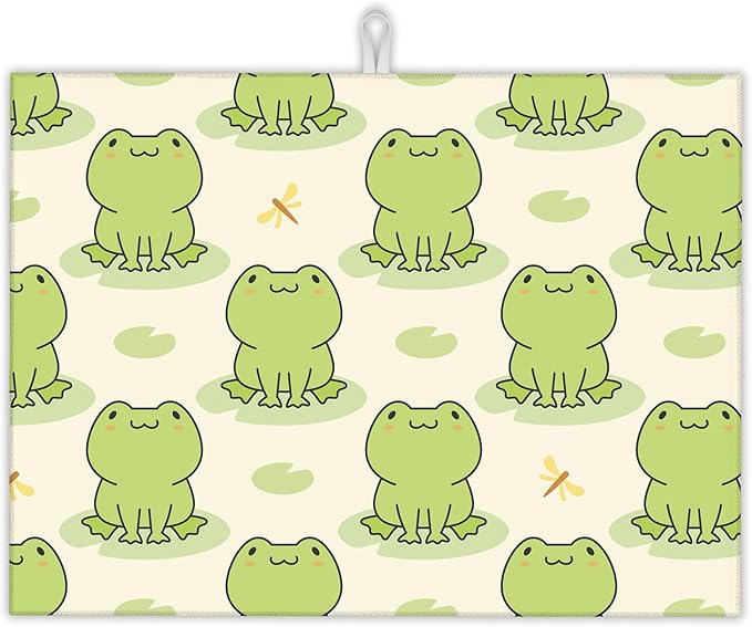 UIUPRO Cute Green Frog Dish Drying Mats 18x24 Inch, Dish Pad Drying Rack Mat for Kitchen Counter Ultra Absorbent Microfiber Dishware Coffee Maker Bar Countertop Decor