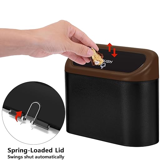 Ginsco 2 Pack Mini Car Trash Can with Lid, Small Car Garbage Can, Cute Leakproof ABS Car Trash Bin, Car Accessories for Interior, Garbage Bin for Car, Home, Office with 120pcs Trash Bags Black/Brown