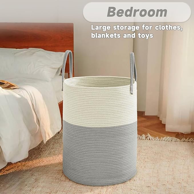Large Woven Laundry Basket Hamper, 60L Cotton Rope Storage Bin for Blankets, Toys, and Clothes, Decorative Tall Nursery Hamper for Living Room, Baby Nursery, Bathroom, and Bedroom, White and Grey