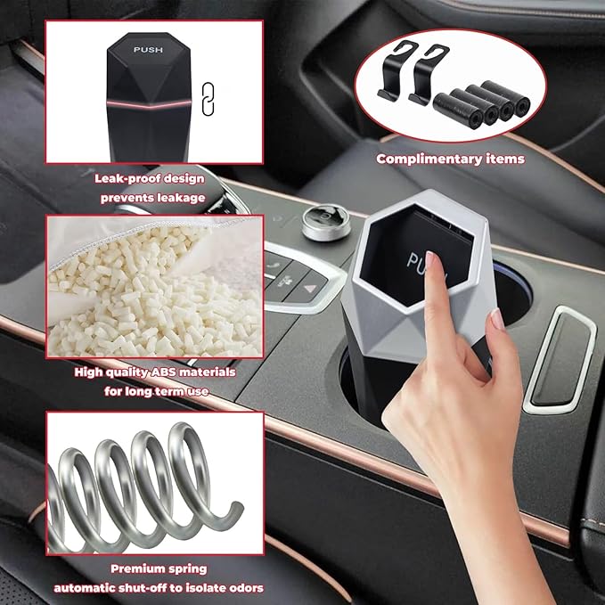 Car Trash Can, 2 Pack Car Trash Bin with Lid, Car Accessories for Women Interior, Car Garbage Can with Additional 2 ABS Hooks and 60pcs Trash Bags, Suitable for Home, Office, Car Organizer, Black
