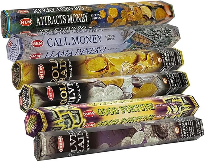 Hem Incense Sticks Variety Pack #29 and Incense Stick Holder Bundle with 6 Money and Good Luck Fragrances