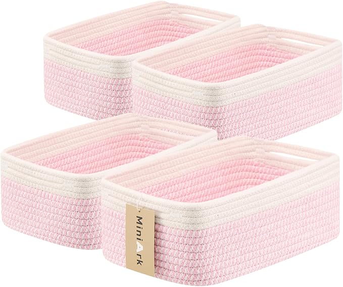 MiniArk Small Storage Baskets for Organizing | Closet Organizer Bins | Shelf Toy Basket | Woven Rope Baskets | Cube Decorative Box | Shallow Basket | 13x8.5x5.1” | 4 Packs White Pink