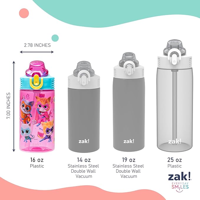 Zak Designs Disney SuperKitties Sage Kids Water Bottle For School or Travel, 16oz Durable Plastic Water Bottle With Straw, Handle, and Leak-Proof, Pop-Up Spout Cover (Ginny, Sparks, Buddy, Bitsy)