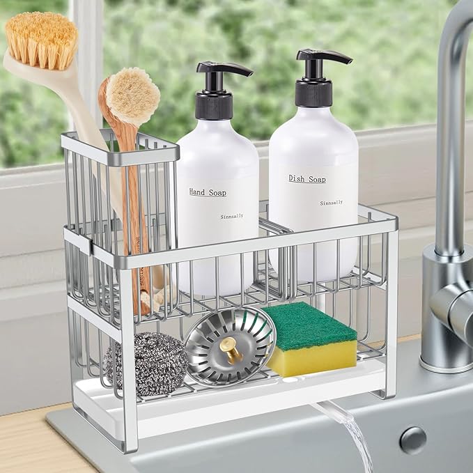 Sinnsally Kitchen Sponge Holder, 2-Tier Sink Caddy Organizer with Tall Brush Holder, Stainless Steel Sink Box Dish Scrubber Holder, Soap Tray for Kitchen Counter Accessories & Storage Rack (Silver)