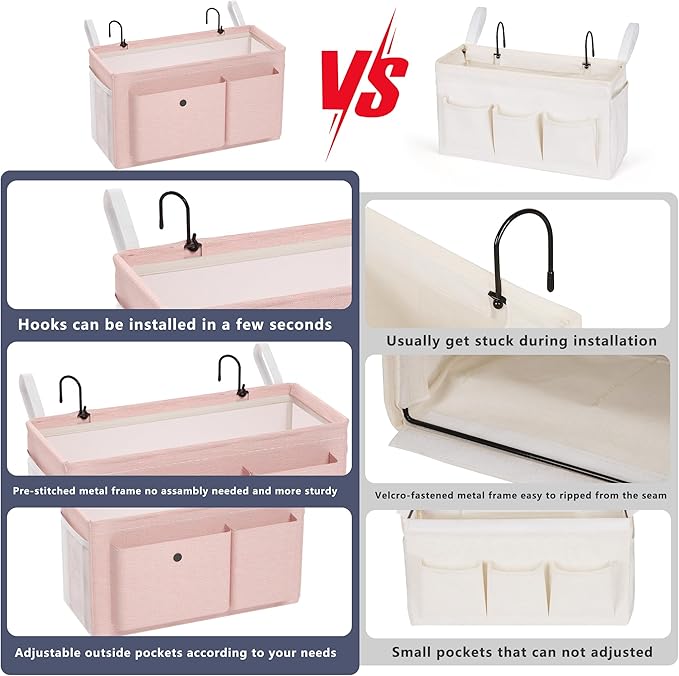 Bedside Caddy Bedside Organizer with Fixed Straps & Water Bottle Holder, Bunk Bed Caddy ideal for Home, Dorm, Hospital, Crib, Versatile Bedside Storage Solution (Pink 2pcs)