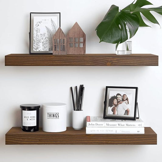 Homeforia Classic Walnut 24 inch Floating Shelf, High End Solid Real Wood Small 24inch Floating Shelves for Wall Mounted, 24in Floating Shelves, Heavy Duty Bracket, 24 X 6.5 X 1.75 inches, Set of 2
