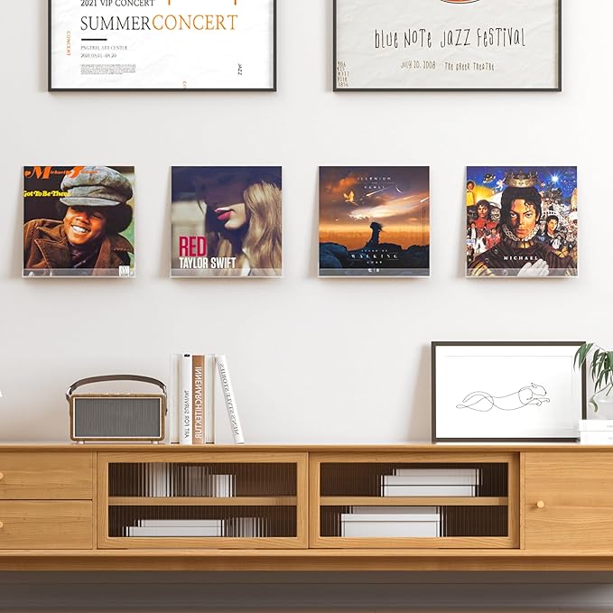 upsimples 4 Pack Vinyl Record Wall Mount Shelves, 12" Vinyl Holder for Album Record Storage & Display, Clear Acrylic Floating Shelves for Wall Decor, Kids Bookshelf, Magazine Rack, Picture Ledge
