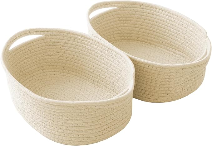 Woven Basket, Small Rope Storage Bin with Handles & Ribbon Bag, Organizer for Shelves Closets, Empty Gift Basket for Birthday, Books, Dog Toys, Beige/2 Pack