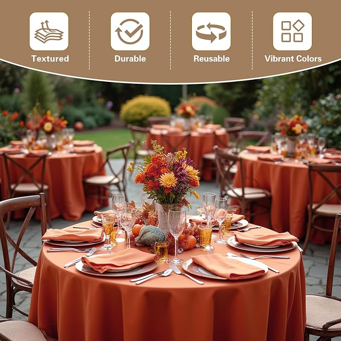 sancua Thanksgiving Round Tablecloth 120 Inch Diameter, 8 Pack Rust Circle Polyester Fabric Fall Table Cloth for Holiday Party Reception Washable Burnt Orange Table Cover (Fit 48-96 Inch Tables)
