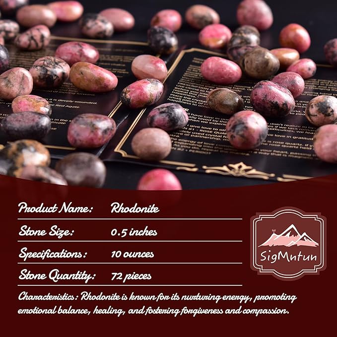 Polished Rhodonite Crystals - 72 Pcs, 0.5" 10 oz Handpicked Natural Tumbled Gemstones Rocks, Pebbles for Reiki, Chakra, Healing Home Decor