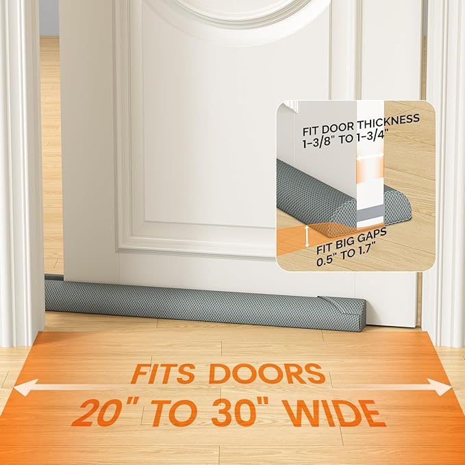 fowong Door Draft Stopper 30 Inch, Under Door Noise Stopper Blocks Air, Draft, Light, Dust, 24" to 30" Sweep Seal Large Gap up to 1.7", Easy to Install Grey