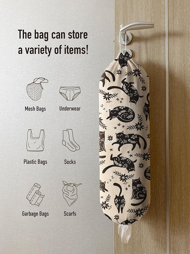 Hglian Black Cat Plastic Grocery Bag Holder, Cute Vintage Flowers Plastic Shopping Bags Organizer Storage Keeper for Kitchen, House Warming Gifts for Women Cat Lover