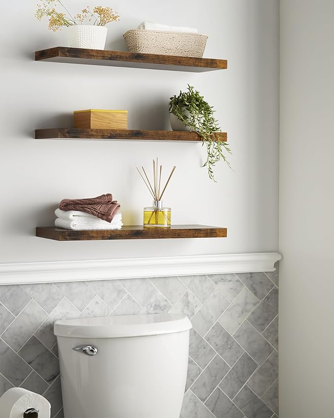BAYKA Floating Shelves for Wall, 22.5 Inch Rustic Wood Wall Mounted Shelving for Bathroom, Bedroom, Living Room, Kitchen & Book, Hanging Display Decor Shelf with 22 lbs (Rustic Brown, Set of 3)