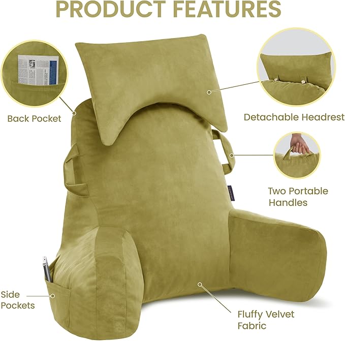 Portable Reading Pillows with Headrest for Bed Sitting Up(Pale Green Oeko-Tex), Velvet Back Pillow with Arms & Pockets for Adults, Support Memory Foam Bed Pillow for Dorm/Watching/Gaming