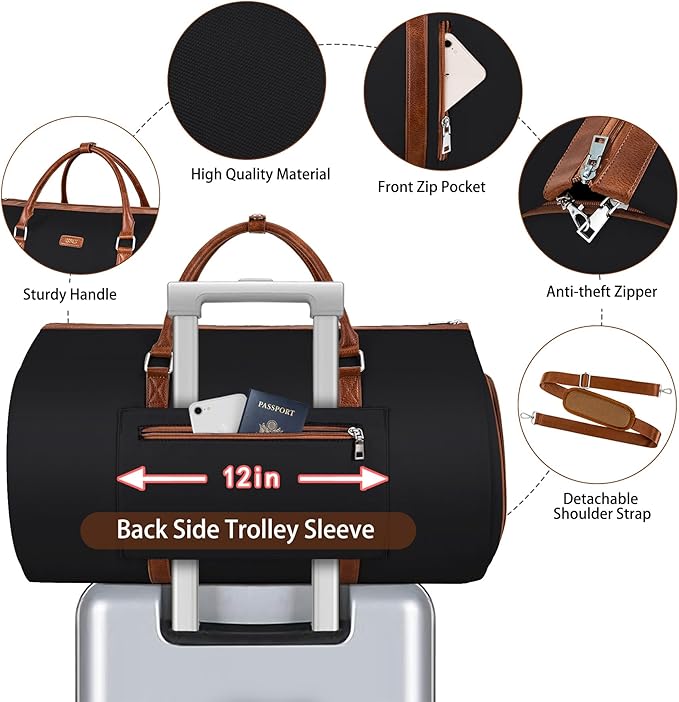 Convertible Garment Duffle Bags for Travel - Carry On Garment Bags With Toiletry Bag, Large Weekender Bags for Women Men 2 in 1 Hanging Suitcase Suit Travel Duffel Bags (2pcs Set, Black)