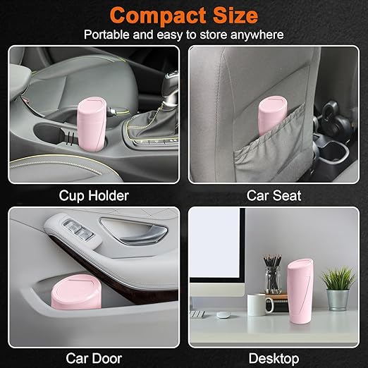 Kincown Car Trash Can, 2 Packs Mini Car Trash Bin with Lid, Leakproof Cup Holder Car Garbage Can with 60 Trash Bags, Vehicle Front Back Seat Organizers and Storage for Car, Home, Office, Pink