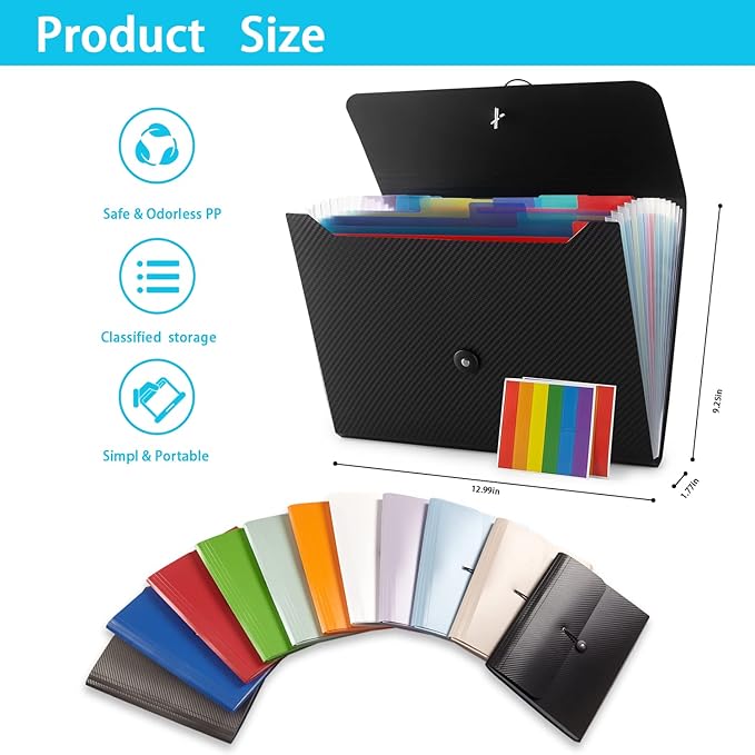 Nicfaec Expanding File Folder, 13 Pockets, Light Blue, Polypropylene for Work, School, Home, Office