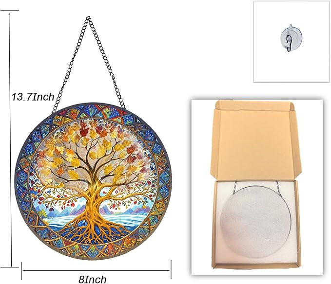 Tree of Life Suncatcher 8 Inch Stained Glass Window Hanging Diamond Chain Hooks – Indoor/Outdoor Window Wall Art Home Décor -Gift for Women Men Valentine's Day Thanksgiving Ornaments Festival Gifts
