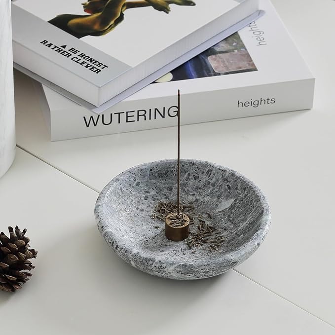 Koville Natural Marble Incense Holder, Incense Holder for Sticks with 9 Holes, Handmade Incense Burner Ash Catcher for Meditation Yoga SPA, Balsam Fir/Palo Santo/Sage/Cone (Grey)