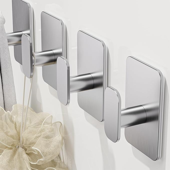 Heavy Duty Self Adhesive Hooks - 26lb Max, Sticky Wall Hooks Stainless Steel for Hanging Towel, Coat, Robe, Waterproof & Rustproof Hooks Stick on Bathroom, Shower, Kitchen(Silver, 4 Pack)