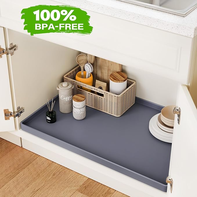 FLATO Waterproof Under Sink Mat 31" x 22" Shelf Liner for Kitchen and Bathroom, Cabinet Protector, Organizers and Storage, Flexible Silicone Drip Tray
