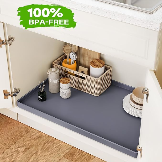 FLATO Waterproof Under Sink Mat 28" x 19" Shelf Liner for Kitchen and Bathroom, Cabinet Protector, Organizers and Storage, Flexible Silicone Drip Tray