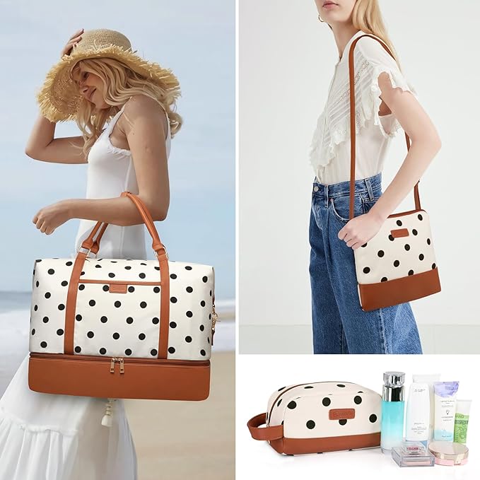 3Pcs Set Polka Dots Weekender Bags for Women Canvas Carry On Overnight Bag Travel Duffle Tote Bag for with Shoes Compartment, Brown