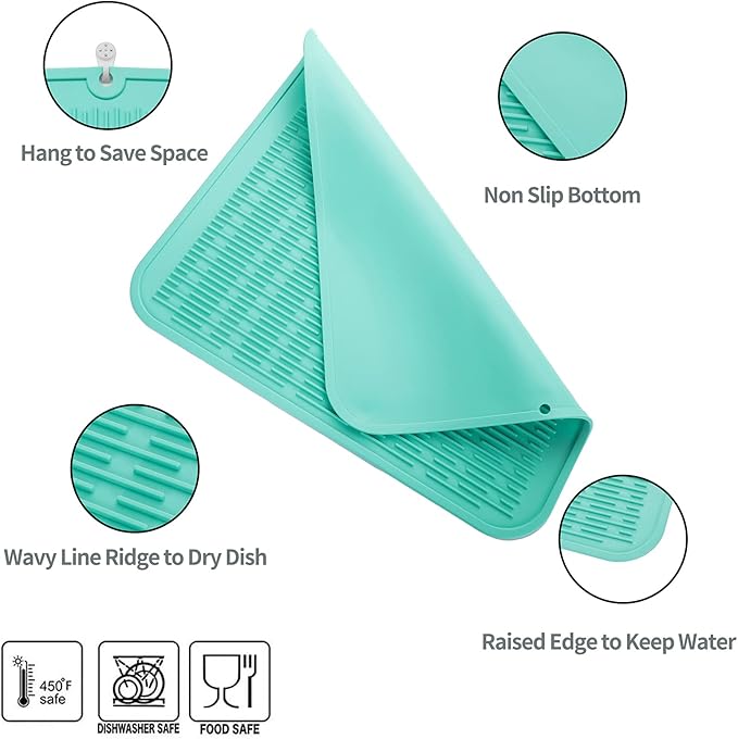 MicoYang Silicone Dish Drying Mat for Multiple Usage,Easy clean,Eco-friendly,Heat-resistant Silicone Mat for Kitchen Counter or Sink,Refrigerator or Drawer Liner Mint XL 18 inches x 16 inches