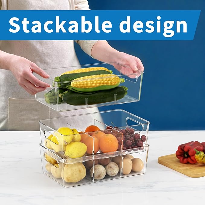 Pantry Organizers and Storage, 8 Pack Snack Organizer for Pantry Shelf, Food Storage Bins with Dividers, Clear Containers for Organizing, Transparent Plastic Basket, Refrigerator and Fridge Bins