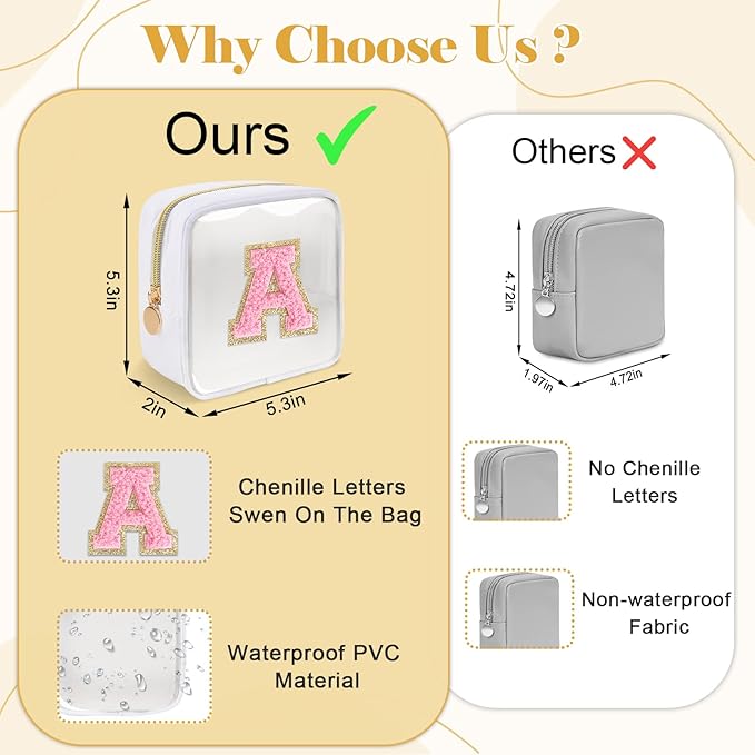 Personalized Initial Letter Clear Preppy Makeup Bag,Mini Nylon Chenille Letter Cosmetic Bag Cute Zipper Pouch Purse for Teen Girls,Portable TSA Approved Beach Travel Essentials Bag Gift for Women,C