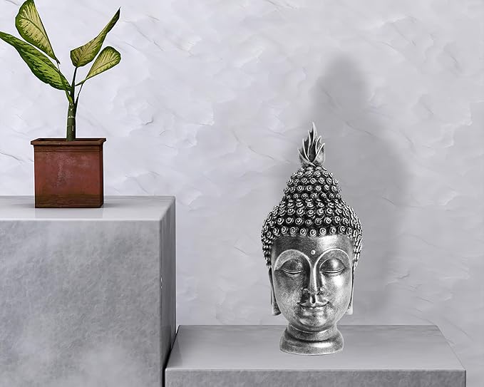 Buddha Head Statue Zen Meditation Decoration, 11 inch Resin Antique Silver Buddha Head Statue for Buddhist Spiritual Altar Decoration Buddhism Gifts