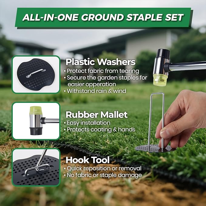 200Pcs Garden Staples +200Pcs Gasket +Pick Hook +Rubber Mallet, 6 Inch Landscape Fabric Stakes Galvanized Weed Barrier Stakes 11 Gauge Landscape Pins U Shape Lawn Staples for Yard, Turf, Sod, Weed Mat