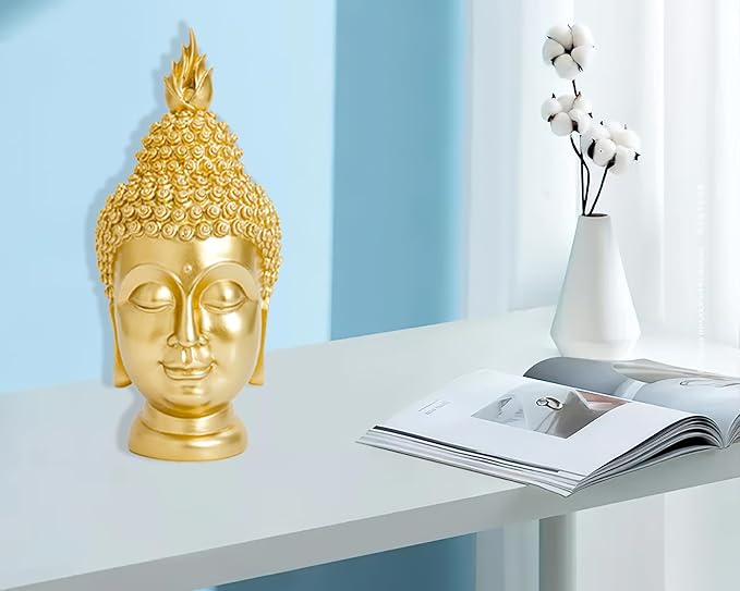 Buddha Head Statue (Gold), Ideal for Zen Space, Spiritual Decor, Buddhism Religious Room Decoration